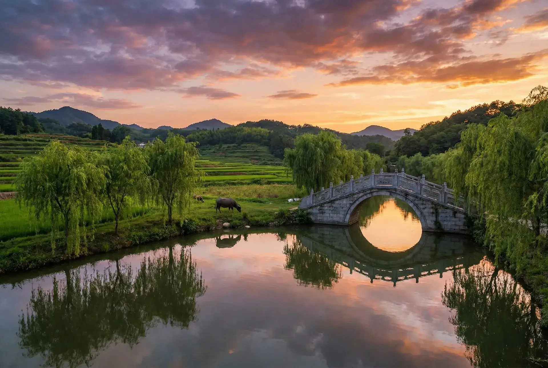 夕阳下的石拱桥与垂柳，水牛在河边吃草 - 我的风流岳每2中文字 乡村美景